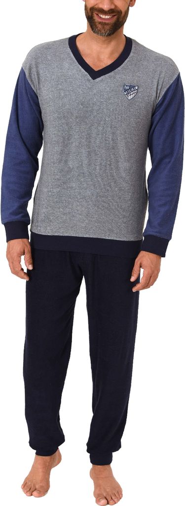 Lässiger Herren Frottee Schlafanzug langarm Pyjama mit Bündchen - 291 101 13 575 ; blau , 50