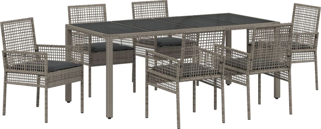 Möbel 7-teiliges Gartendiningset mit Kissen Grau Poly-Rattan - Gartenstühle 3334875