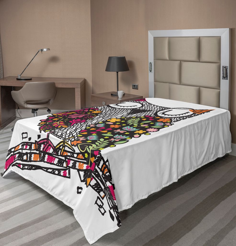 ABAKUHAUS Eulen Bettlaken, Eule Geformt von Geometrisch Floral Blooms Pflanzen Muster Bunte kunstvolle Doodle Design, weiches bequemes oberes Bettl...