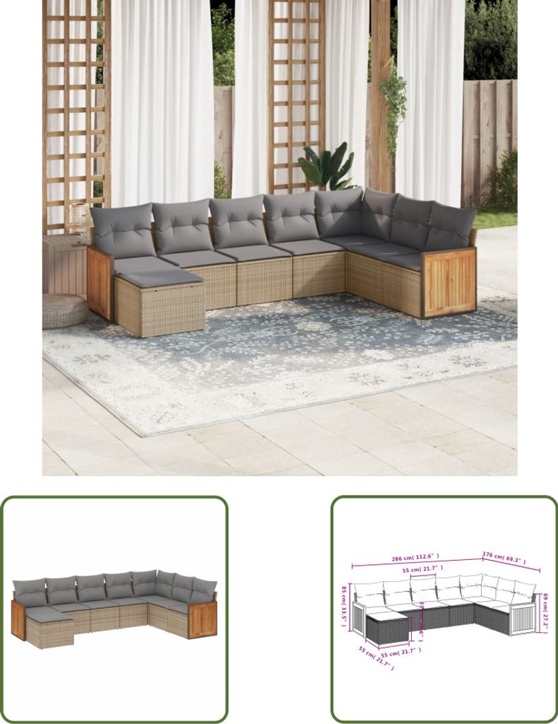 The Living Store 8-tlg. Garten-Sofagarnitur mit Kissen Beige Poly Rattan