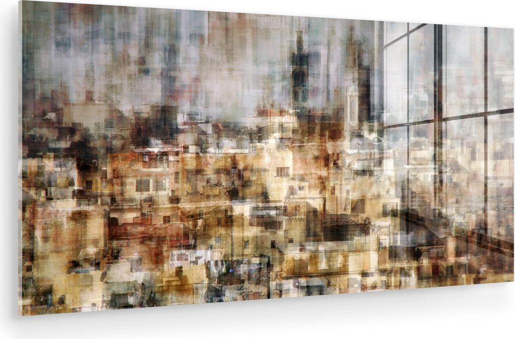 MuchoWow Glasbilder - Bilder auf Wandbild - Foto auf Glas Stadt - Kunst - Häuser - Beige 80x40 cm Wanddekoration aus Glas - Acrylglasbild - Acrylb...