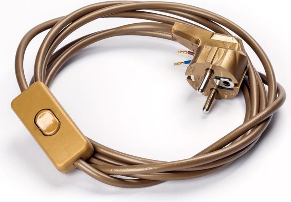 Netzkabel Schuko Stecker an offenes Ende m. Schnurschalter Kabel Schalter Anschluss Zuleitung (3,1m, gold)