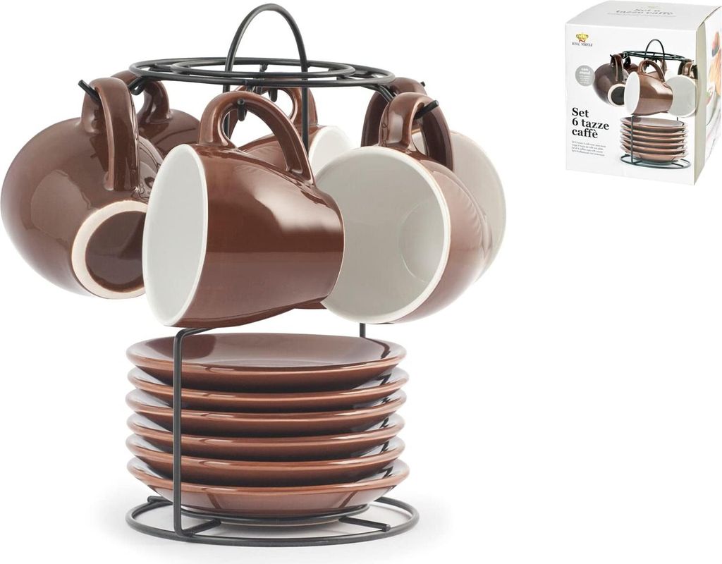 Royal Norfolk 729362 Kaffeetassen-Set, 6 Stück, Steingut, mit Untertasse, braun, CC 90, Keramik
