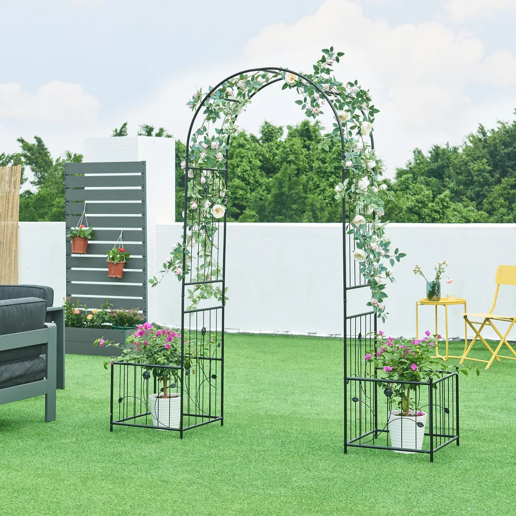 Arche de jardin pour rosiers et plantes grimpantes avec jardinières métal