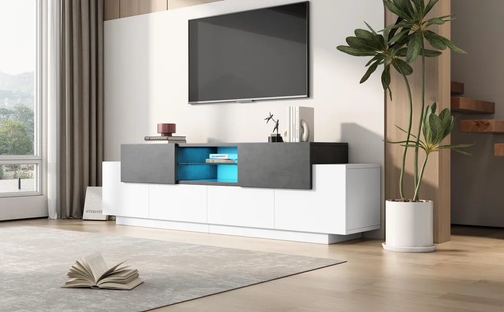 Console multimédia LED et commode basse grise et blanche pour salon chic - 8