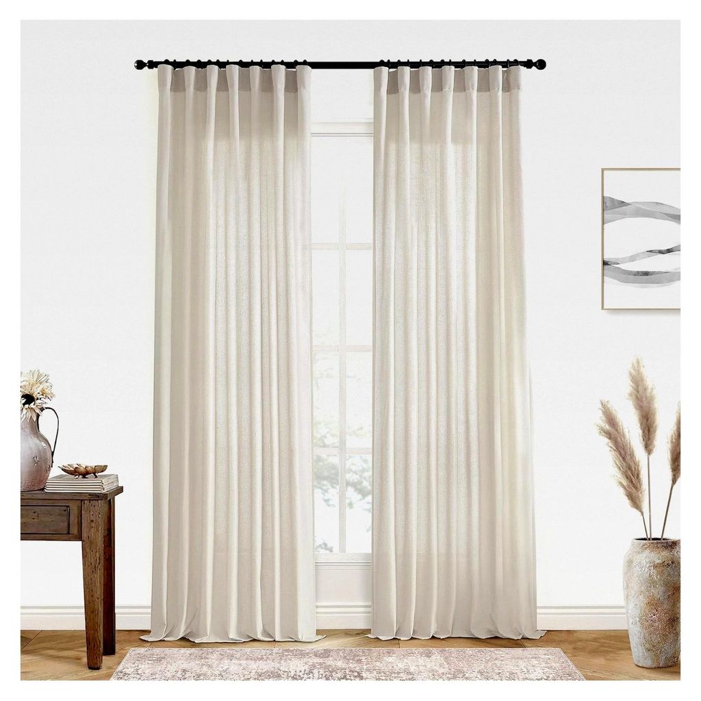 Durchsichtige Vorhänge aus Leinen und Baumwolle für Wohnzimmer und Schlafzimmer, 2 Paneele, Hellbeige