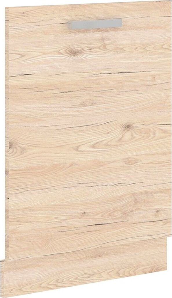 A close-up shot of a cabinet door with a wood grain texture and a silver handle.