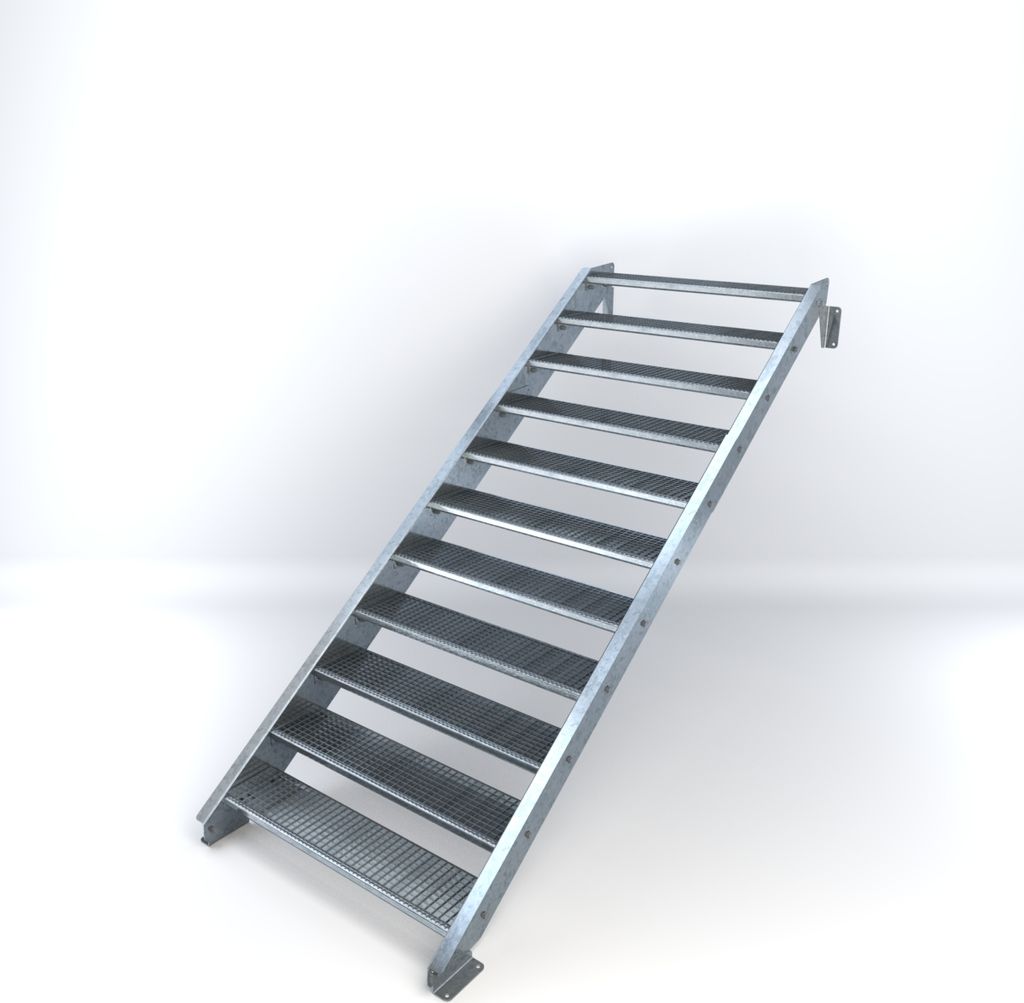 Stahltreppe 11 Stufen bis Höhe 220 cm, Laufbreite : 120 cm kein Geländer ST 2 (31 / 31 mm gezackt)