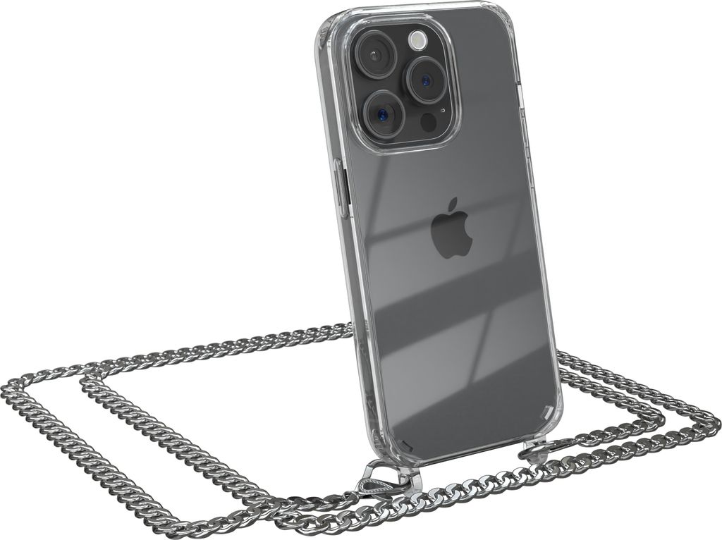 EAZY CASE Metall Handykette für Apple iPhone 15 Pro, Handyhülle mit Umhängeband, Silikonhülle, Metallkette für Smartphone in Silber