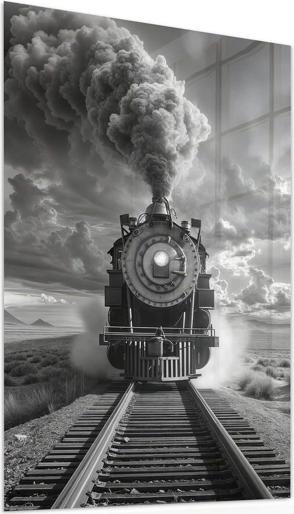 Glasbild 40x60cm in XXL für Wohnzimmer, Schlafzimmer Motiv Dampflok in Wüste