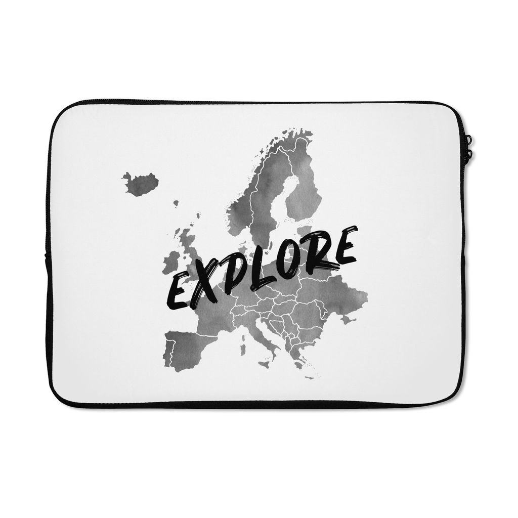 MuchoWow Laptop Hülle 13 Zoll Europa-Karte in grauer Aquarellfarbe mit dem Text "Explore" über den Ländern - schwarz-weiß Laptoptasche - Lapt...