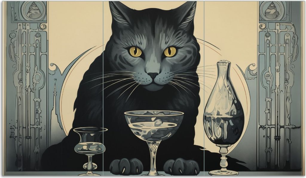 Wallario Herdabdeckplatte aus Glas, Größe 90 x 52 cm 3-teilig, Motiv Katzenportrait in Art Deco