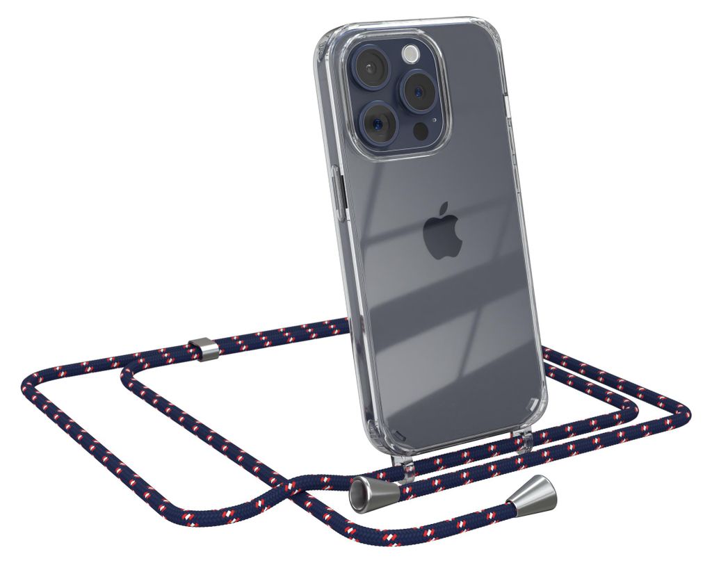 EAZY CASE Handykette kompatibel mit Apple iPhone 15 Pro, Handyhülle mit Umhängeband, Handykordel, Schutzhülle Clear, Band in Blau