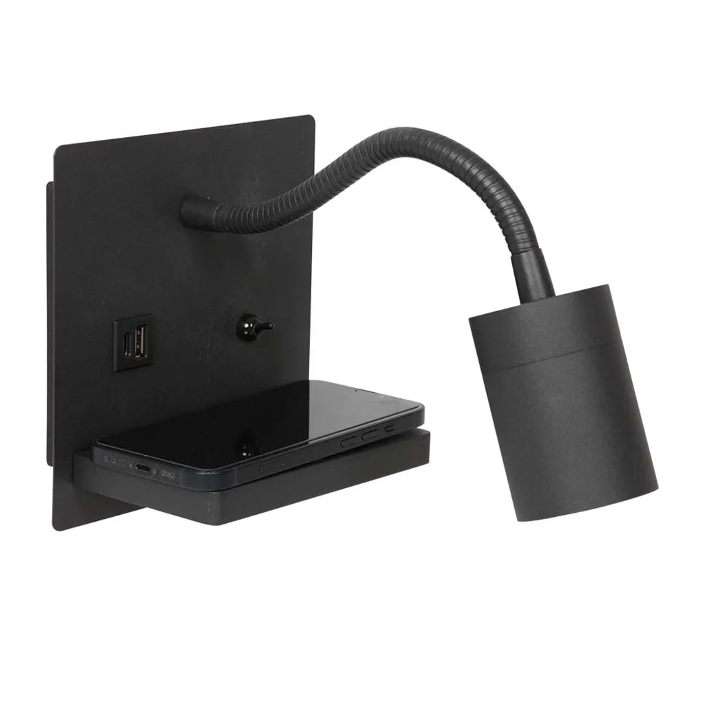 Applique murale LED noir en métal orientable avec station de charge USB