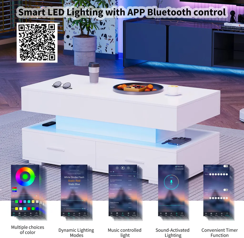 OKWISH Table Basse Relevable Blanc Laqué avec LED Bluetooth et 2 Tiroirs - 7