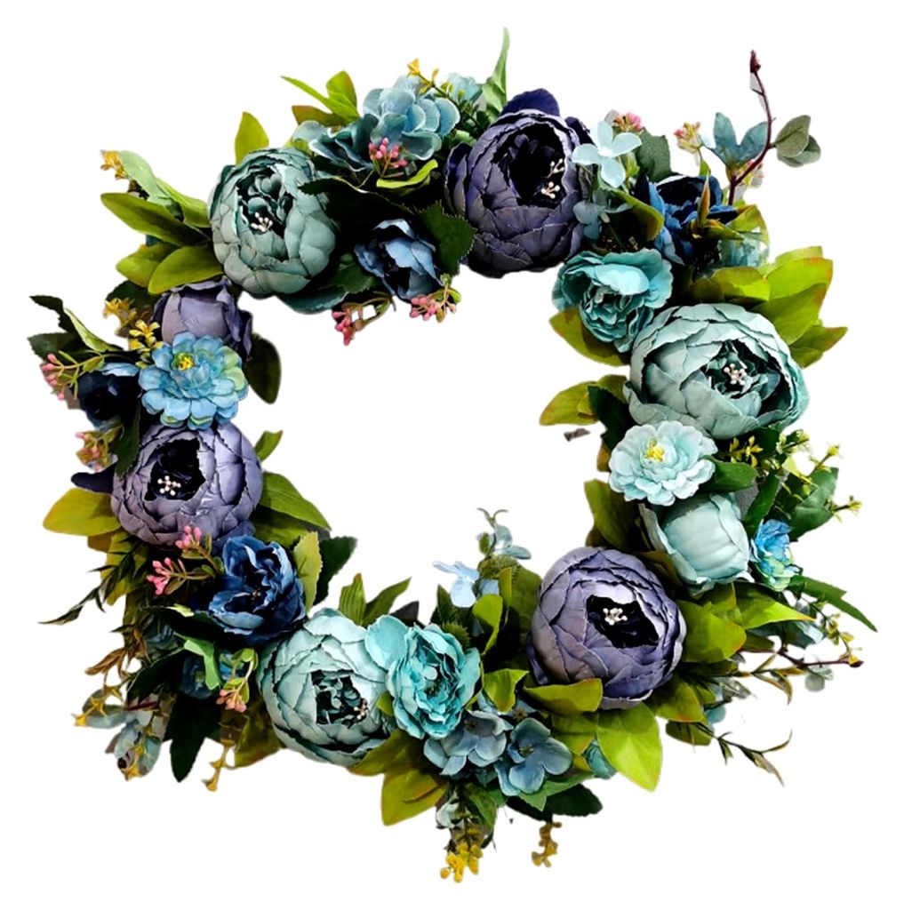Frühlings-Türkranz mit Pfingstrosen, 40,6 cm, künstlicher Blumenkranz für Hochzeit, Geburtstag und Wohnzimmer-Dekoration in Blau
