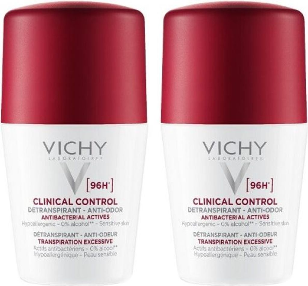 Two Vichy Clinical Control Antitranspirant Detranspirant 96H bottles are shown side-by-side against a white background.