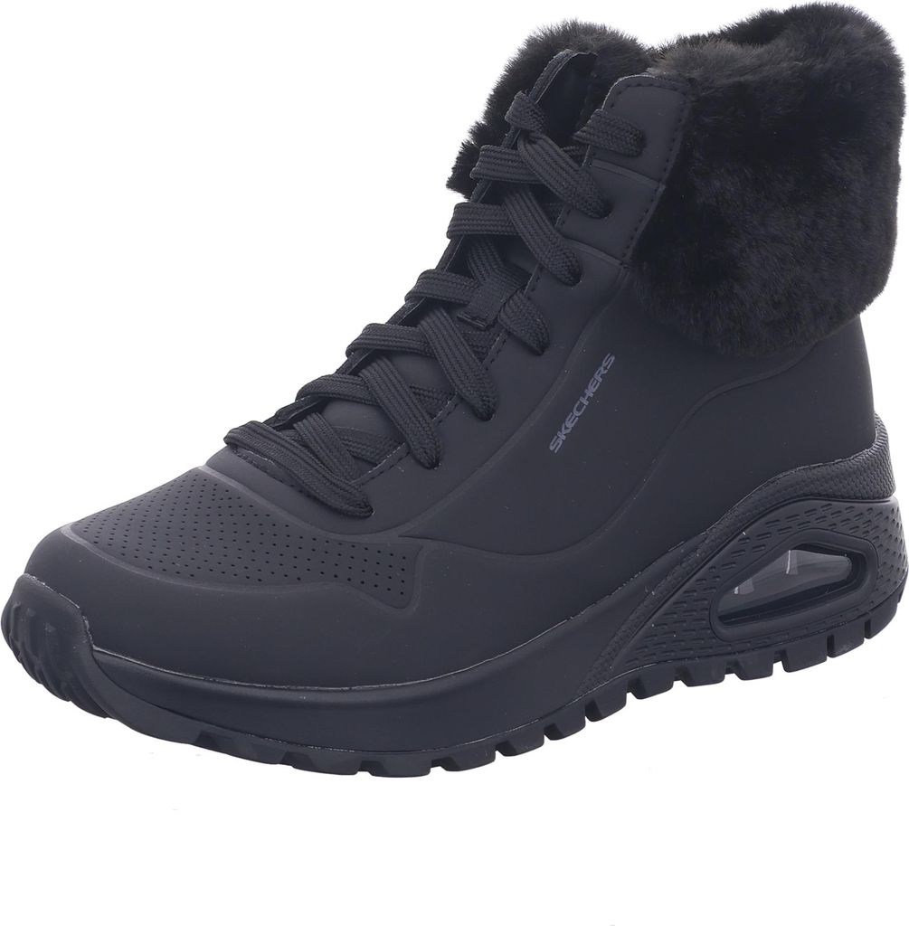 A black Skechers boot with fur trim.