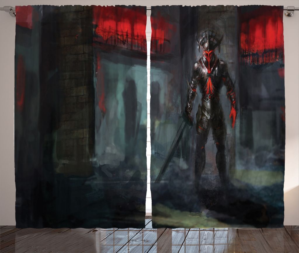 ABAKUHAUS Fantasie Rustikaler Vorhang, Fantasie-Gebäude Gothic, Wohnzimmer Universalband Gardinen mit Schlaufen und Haken, 280 x 175 cm, Grau Rot