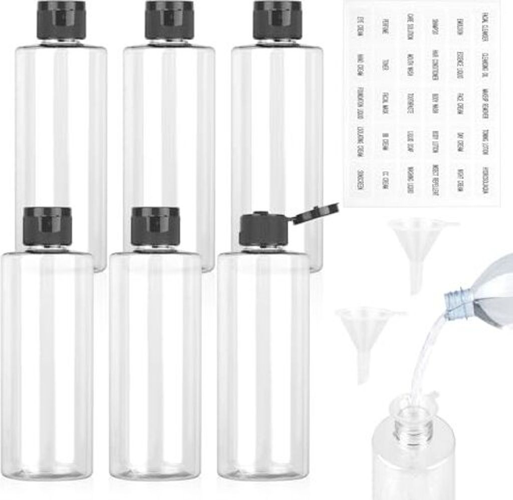 250 ml Reiseflaschen Set Flip Cap, 6 Stück Füllung, leerer Spender, Plastikflaschen -Trichter -Etiketten, Füllkosmetik (transparent)