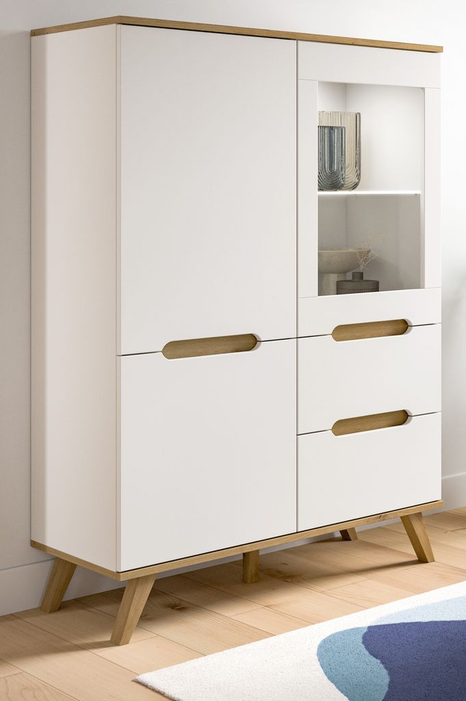 Highboard "Hygge" weiß und Eiche Vitrine skandinavisch 100 x 140 cm, Soft-Close