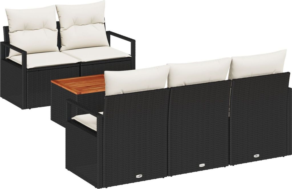 Möbel 6-teiliges Garten Sofa Set mit Kissen Schwarz Poly Rattan Akazie, 2-Sitzer Garten Sofa mit Stauraum & Kissen Schwarz Poly Rattan - Gartensof...