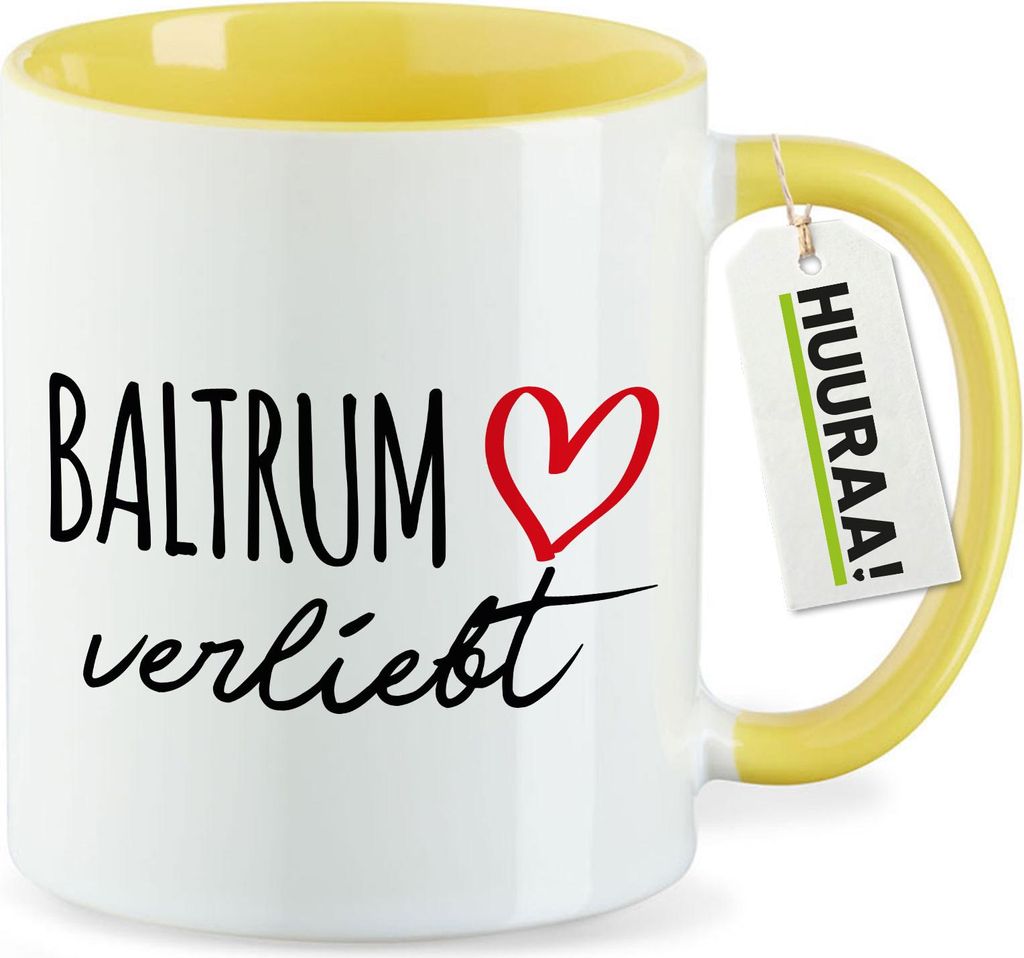 Huuraa Kaffeetasse Baltrum verliebt 330ml Gelb Keramik Kaffeebecher Geschenkidee