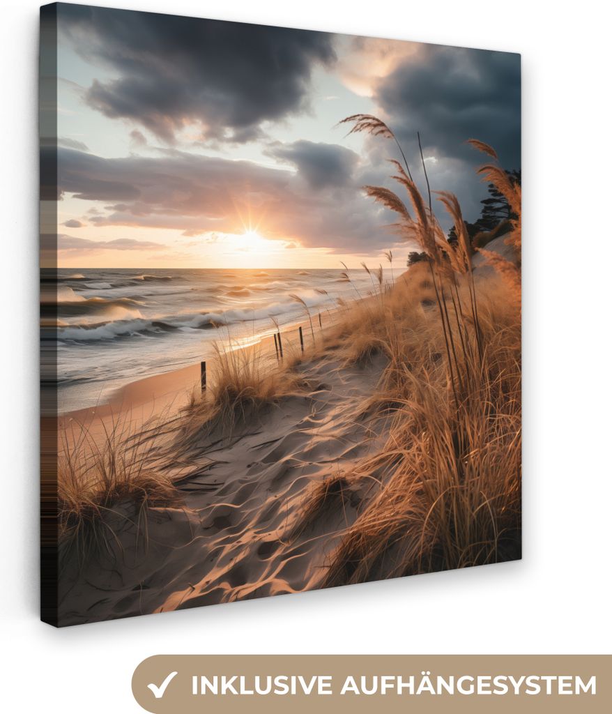 MuchoWow - Leinwandbilder - Strand - Dünen - Meer - Sand - Hochgras, Wandbild, Wanddeko Bilder Wohnzimmer, 50x50 cm