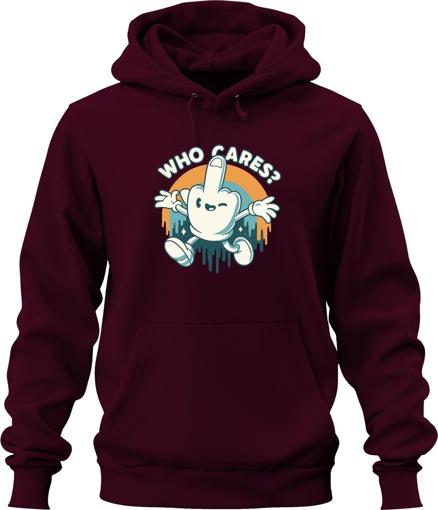 Who Cares Mittelfinger Cartoon frech Retro Vintage 90er Skater Uni Hoodie Kapuzenpullover, Burgundy, XL