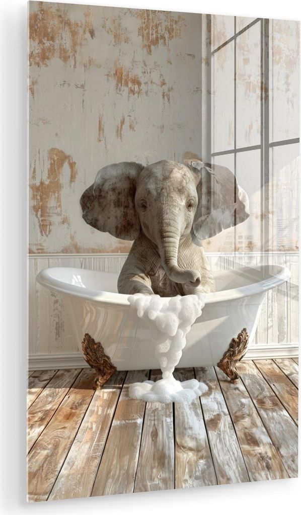 MuchoWow Glasbilder - Bilder auf Wandbild - Foto auf Glas Vintage - Elefant - Badewanne - Schaumstoff - Wildlife 40x60 cm Wanddekoration aus Glas -...