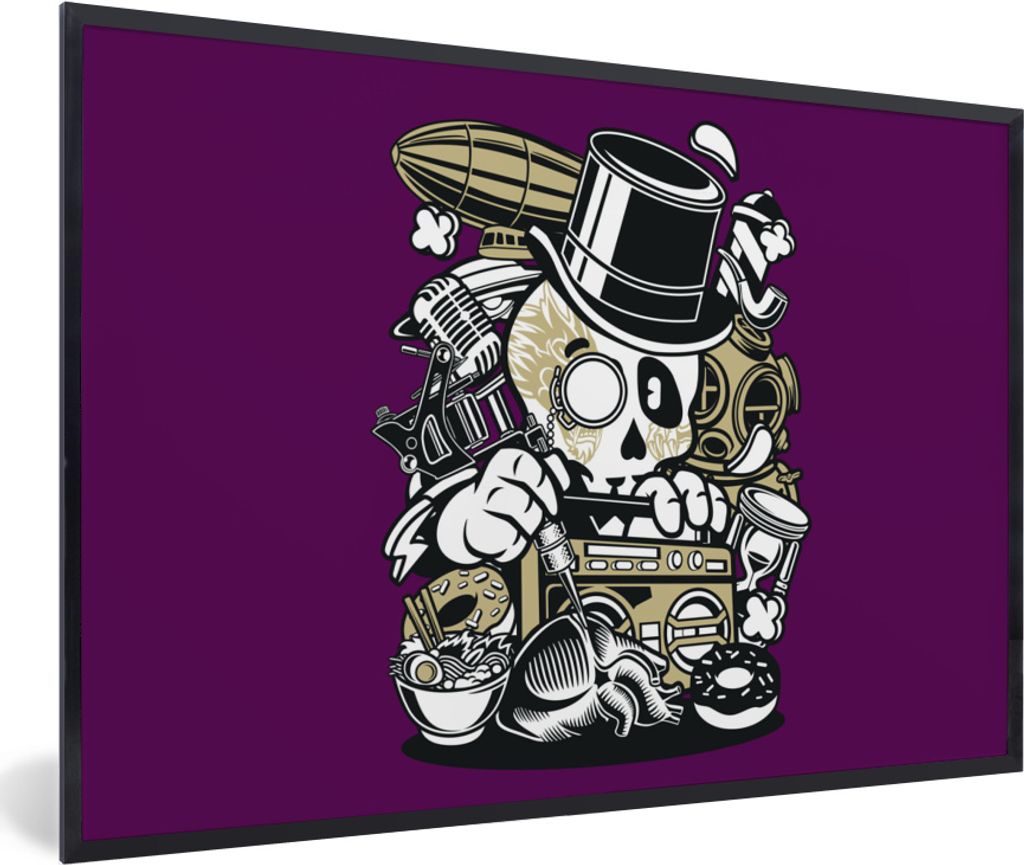 MuchoWow MuchoWow Gerahmtes Poster Totenkopf - Radio - Vintage 90x60 cm - Poster mit zchwarzem Bilderrahmen - Fotorahmen - Foto-Plakat
