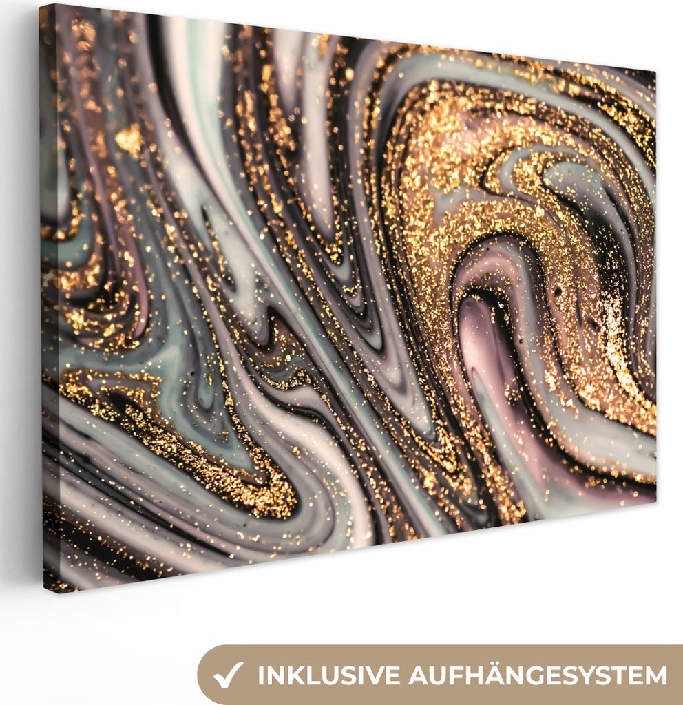 MuchoWow - Leinwandbilder - Marmoroptik - Gold - Glitter - Luxus - Marmor - Weiß, Wandbild, Wanddeko Bilder Wohnzimmer, 60x40 cm