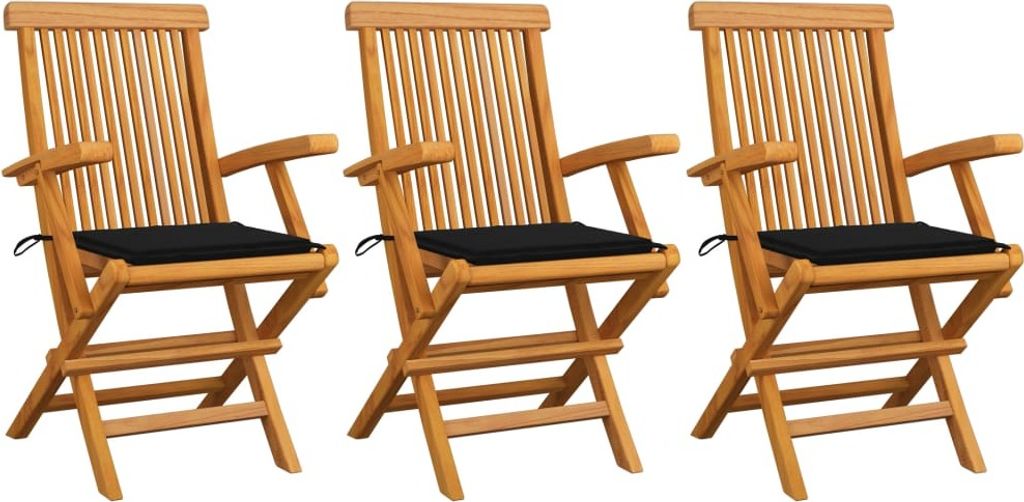 The Living Store Gartenstühle mit Schwarzen Kissen 3 Stk. Massivholz Teak