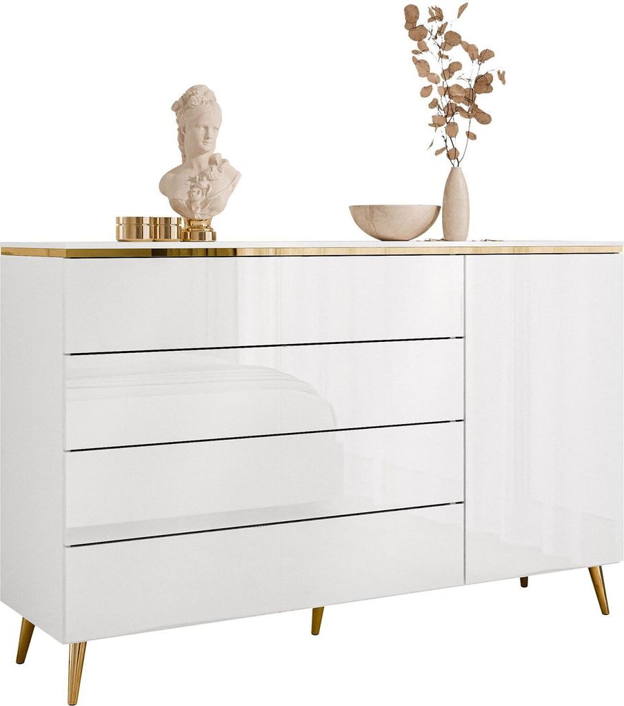 A white high-gloss dresser with four drawers and a cabinet door, decorated with a bust sculpture, a bowl, and a vase with dried branches.