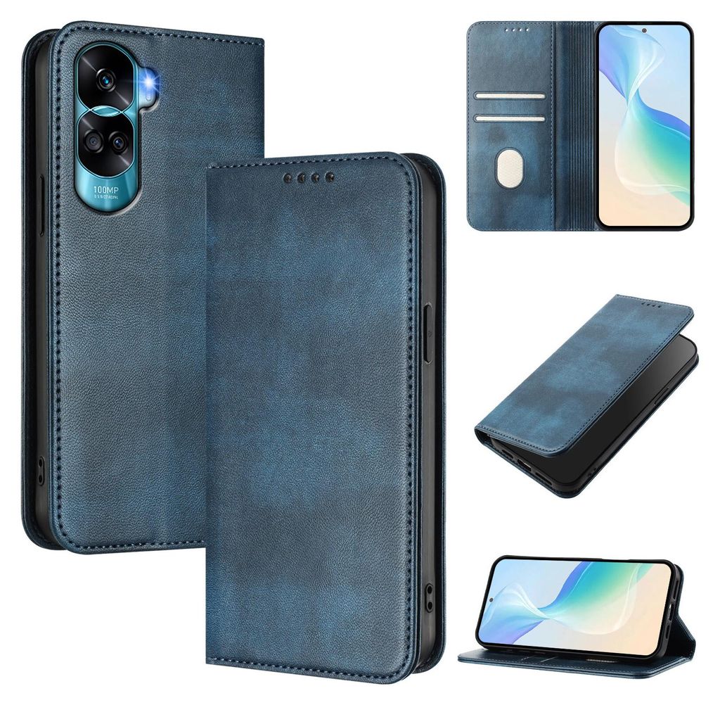 Handyhülle für Honor 90 Lite, Vintage Leder RFID Schutz Kartenfach Standfunktion Magnetische Klapphülle Blau