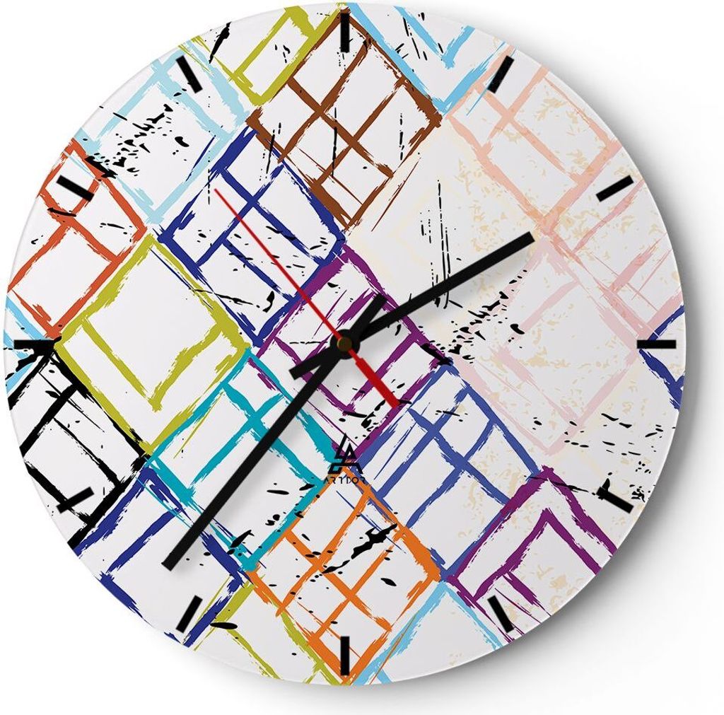 Wanduhr - Rund - Glasuhr - Abstraktion modern - 30x30cm - Schleichendes Uhrwerk - Lautlos - zum Aufhängen bereit - Dekoration Modern - Wanddekorat...