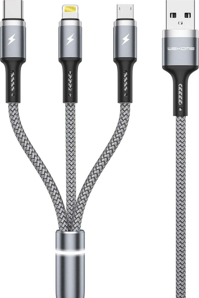 Wekome, 3in1 Kabel USB-A Lightning USB-C Micro 1.2m PD Schnellladen Fython, Silber