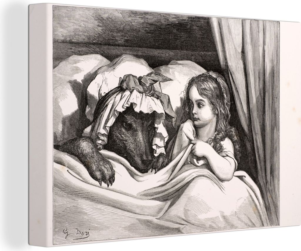 OneMillionCanvasses - Leinwandbilder - 140x90 cm, Eine Illustration von Rotkäppchen mit dem Wolf in einem Bett, Wandbilder Kunstdruck Wanddekora...