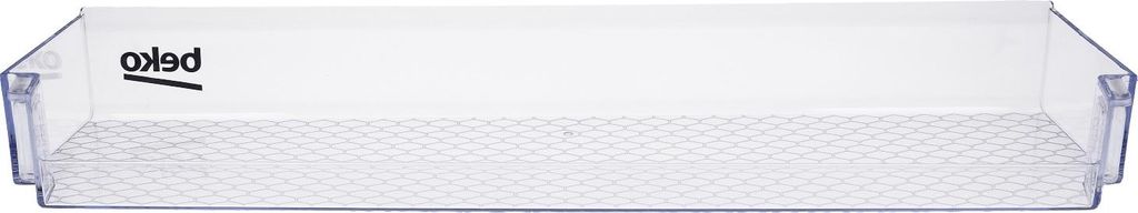 A clear plastic refrigerator shelf.