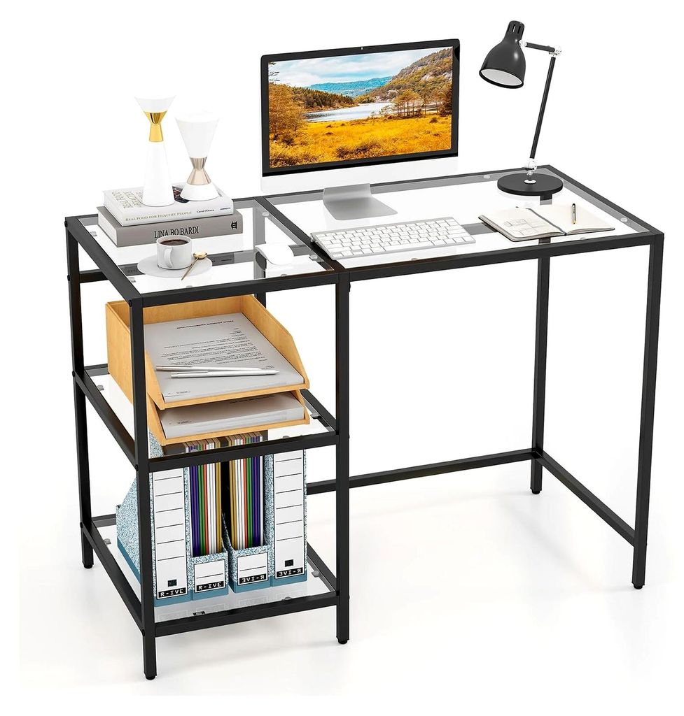 Schreibtisch, Computertisch aus gehärtetem Glas, Konsolentisch mit 2 offenen Regalen und Metallgestell, Flurtisch für Büro, Flur, Wohnzimmer, Ar...