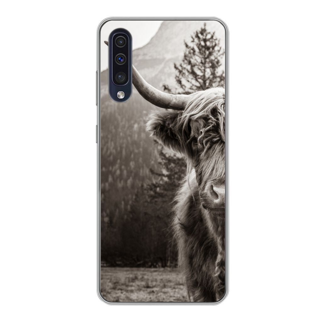MuchoWow Handyhülle Schutzhülle Hülle für Samsung Galaxy A30s Scottish Highlander - Stier - Schwarz - Weiß Silikon Softcase Handy Hülle - K...