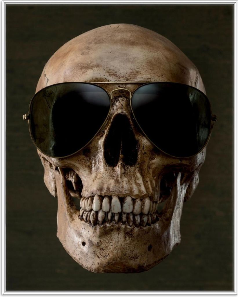 Wallario Wandbild Totenschädel mit cooler Sonnenbrille, Größe: 40,30 x 50,30 cm, Poster mit weißem Aluminiumrahmen