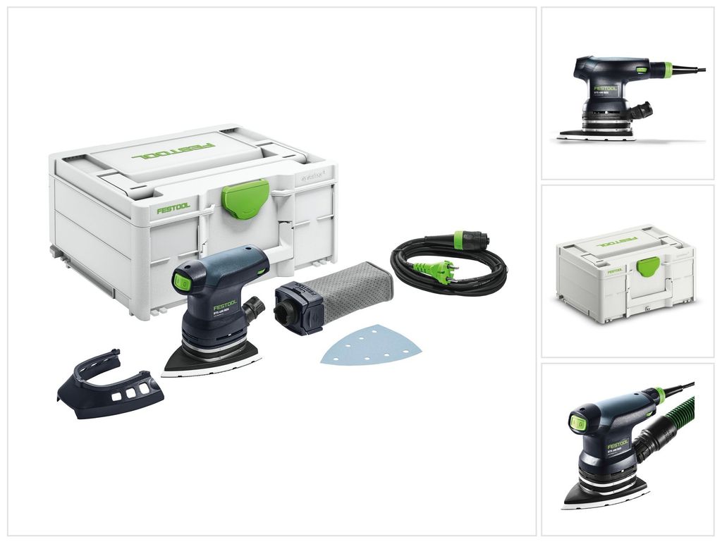 A collage of images showing a Festool sander and its accessories, including a storage case, dust collector, and power cord.