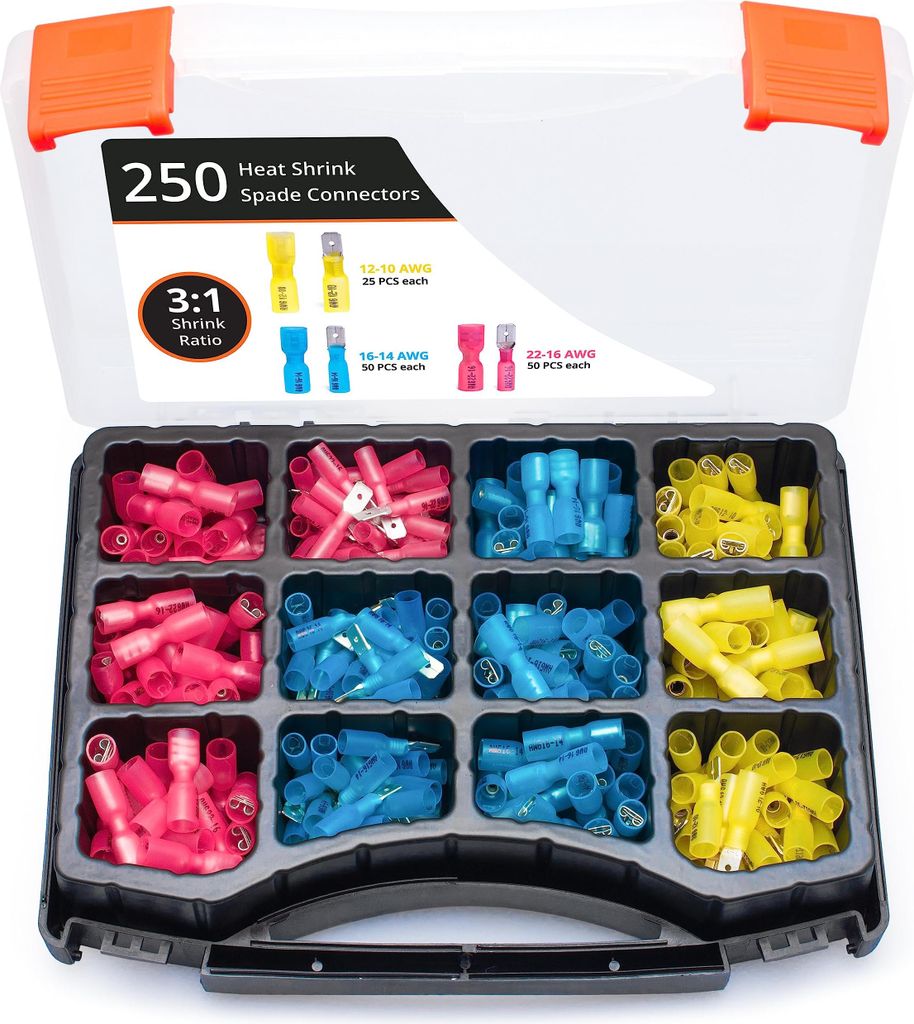 Wirefy Schrumpfverbinder Flachstecker Isoliert mit Flachsteckhülsen im Set - Kabelschuhe Flachstecker Sortiment - Quetschverbinder Kfz - 0,5-6 mm² -