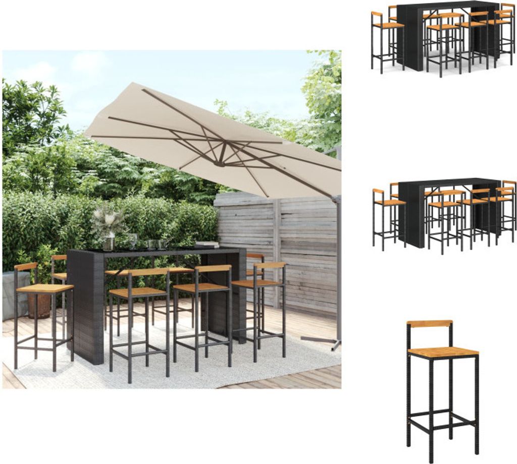 vidaXL 9-tlg. Gartenbar-Set Schwarz Poly Rattan & Massivholz Akazie - Gartenmöbel-Sets