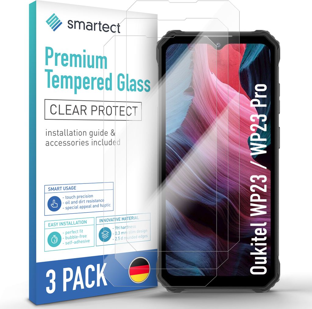A product shot of a 3-pack of screen protectors for a smartphone, with the packaging and a phone displaying the screen protector.
