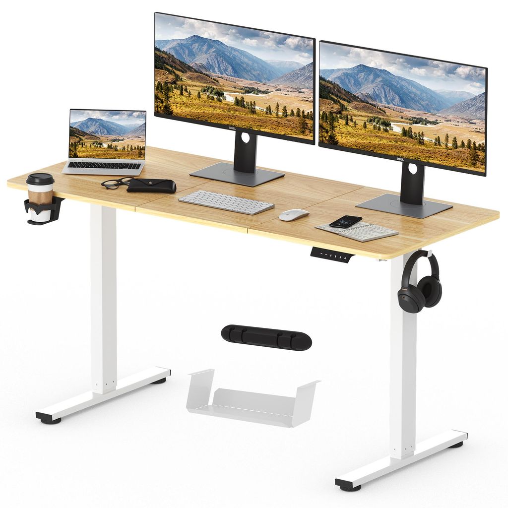 A standing desk setup with two monitors, a laptop, keyboard, mouse, and accessories.