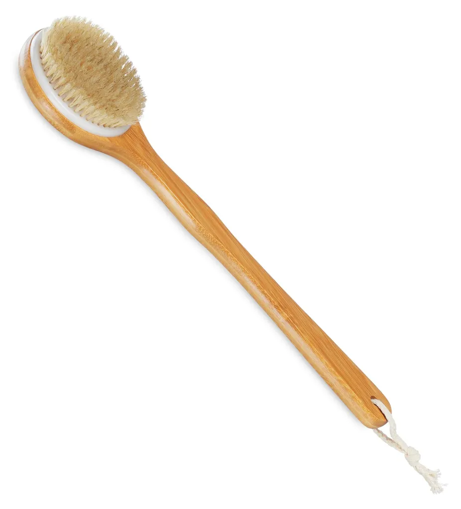 Brosse de douche ergonomique à long manche en bois et fibres naturelles