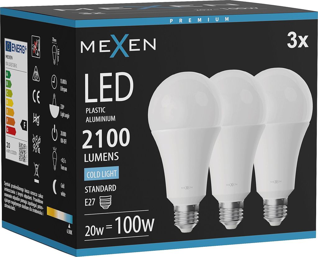 Mexen Nova 3x LED-Glühbirne E27, A70, 20W, Kalt - 6500K, 2100 lm - L100-E27-2065-01x03