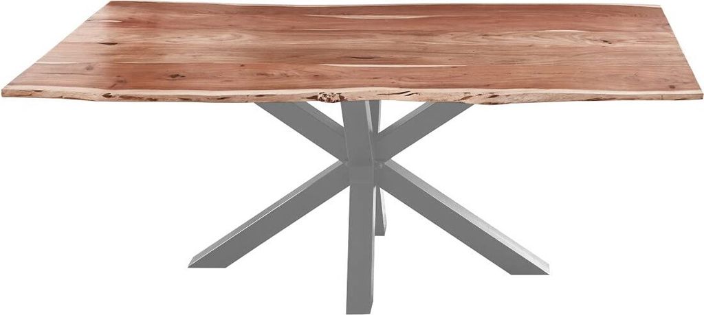 Esszimmertisch 300x100cm Toledo, echte Baumkante, Akazienholz naturfarben, massiver Baumkantentisch mit Spider-Gestell Silber